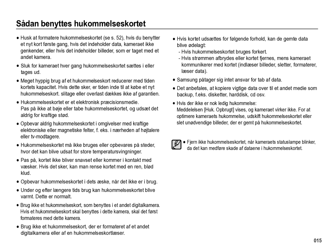 Samsung EC-PL60ZABP/E2, EC-PL60ZBBP/E2, EC-PL60ZPBP/E2, EC-PL60ZSBP/E2 manual Sådan benyttes hukommelseskortet 