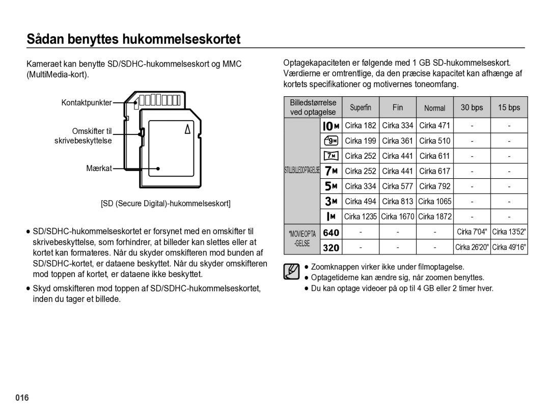 Samsung EC-PL60ZBBP/E2, EC-PL60ZABP/E2 manual Kontaktpunkter, Mærkat SD Secure Digital-hukommelseskort, Ved optagelse 