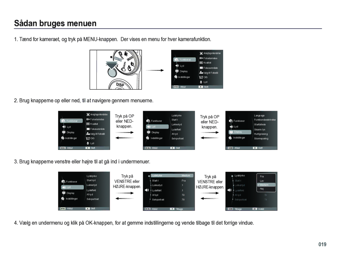 Samsung EC-PL60ZABP/E2, EC-PL60ZBBP/E2 Sådan bruges menuen, Brug knapperne op eller ned, til at navigere gennem menuerne 