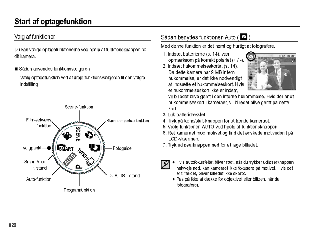 Samsung EC-PL60ZBBP/E2, EC-PL60ZABP/E2 manual Start af optagefunktion, Valg af funktioner, Sådan benyttes funktionen Auto 