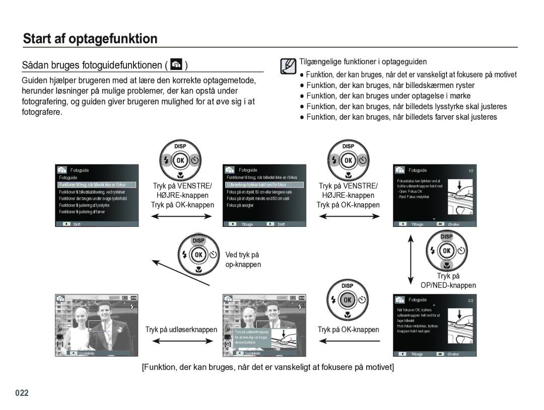 Samsung EC-PL60ZSBP/E2 Sådan bruges fotoguidefunktionen, Tilgængelige funktioner i optageguiden, Tryk på OP/NED-knappen 