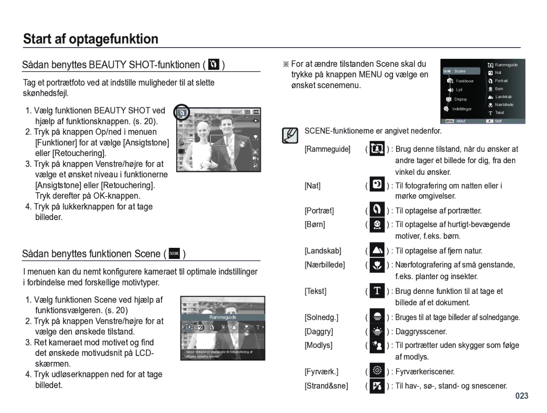 Samsung EC-PL60ZABP/E2, EC-PL60ZBBP/E2 manual Sådan benyttes Beauty SHOT-funktionen, Sådan benyttes funktionen Scene 