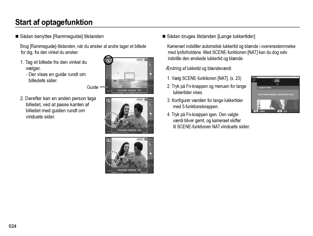 Samsung EC-PL60ZBBP/E2, EC-PL60ZABP/E2 Sådan benyttes Rammeguide tilstanden, Sådan bruges tilstanden Lange lukkertider 