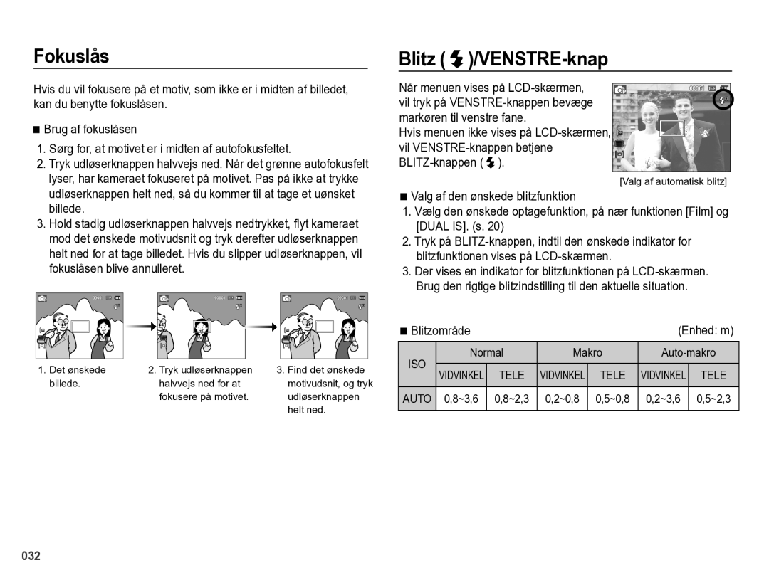 Samsung EC-PL60ZBBP/E2, EC-PL60ZABP/E2, EC-PL60ZPBP/E2, EC-PL60ZSBP/E2 manual Fokuslås, Blitz /VENSTRE-knap, Blitzområde 