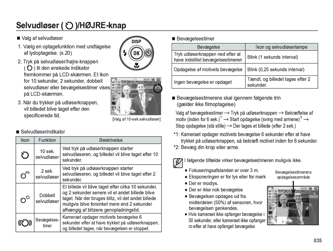 Samsung EC-PL60ZABP/E2 Selvudløserindikator, Bevægelsestimer, Gælder ikke ﬁlmoptagelse, Der tages et billede efter 2 sek 