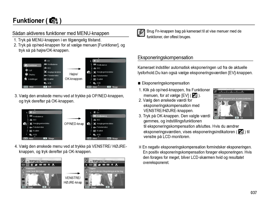 Samsung EC-PL60ZPBP/E2, EC-PL60ZABP/E2 manual Sådan aktiveres funktioner med MENU-knappen, Eksponeringskompensation 