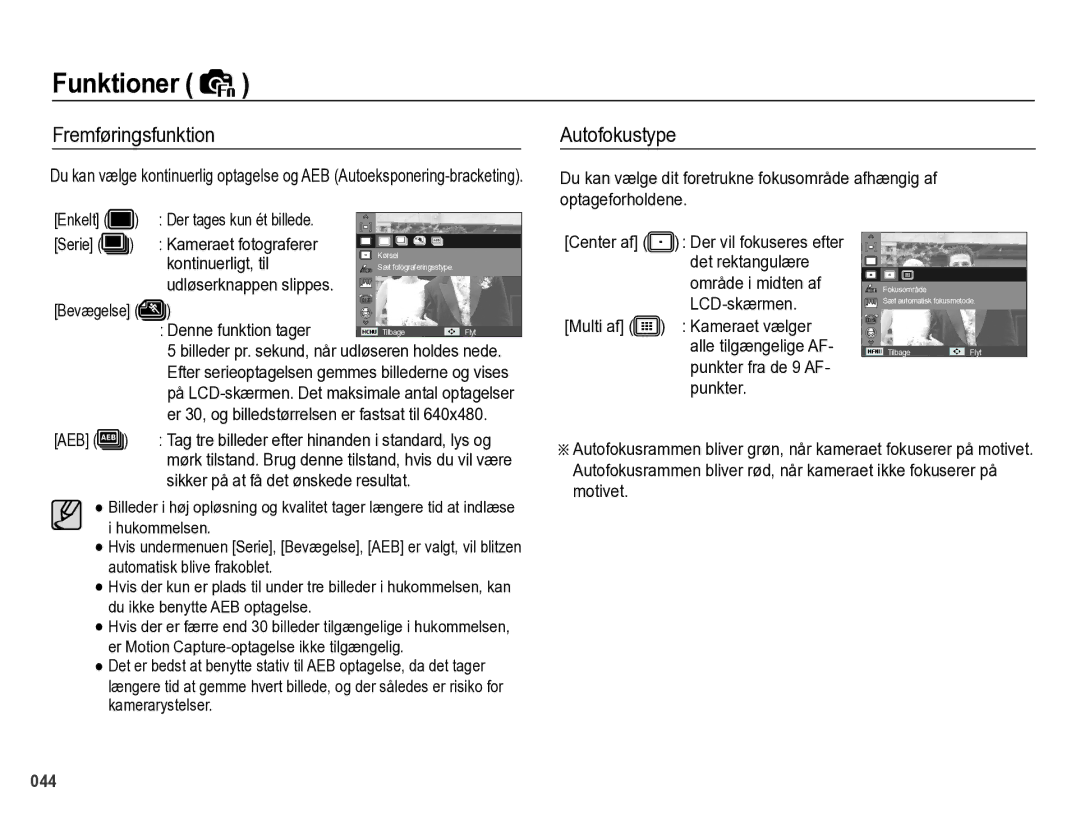 Samsung EC-PL60ZBBP/E2, EC-PL60ZABP/E2, EC-PL60ZPBP/E2, EC-PL60ZSBP/E2 manual Fremføringsfunktion, Autofokustype 