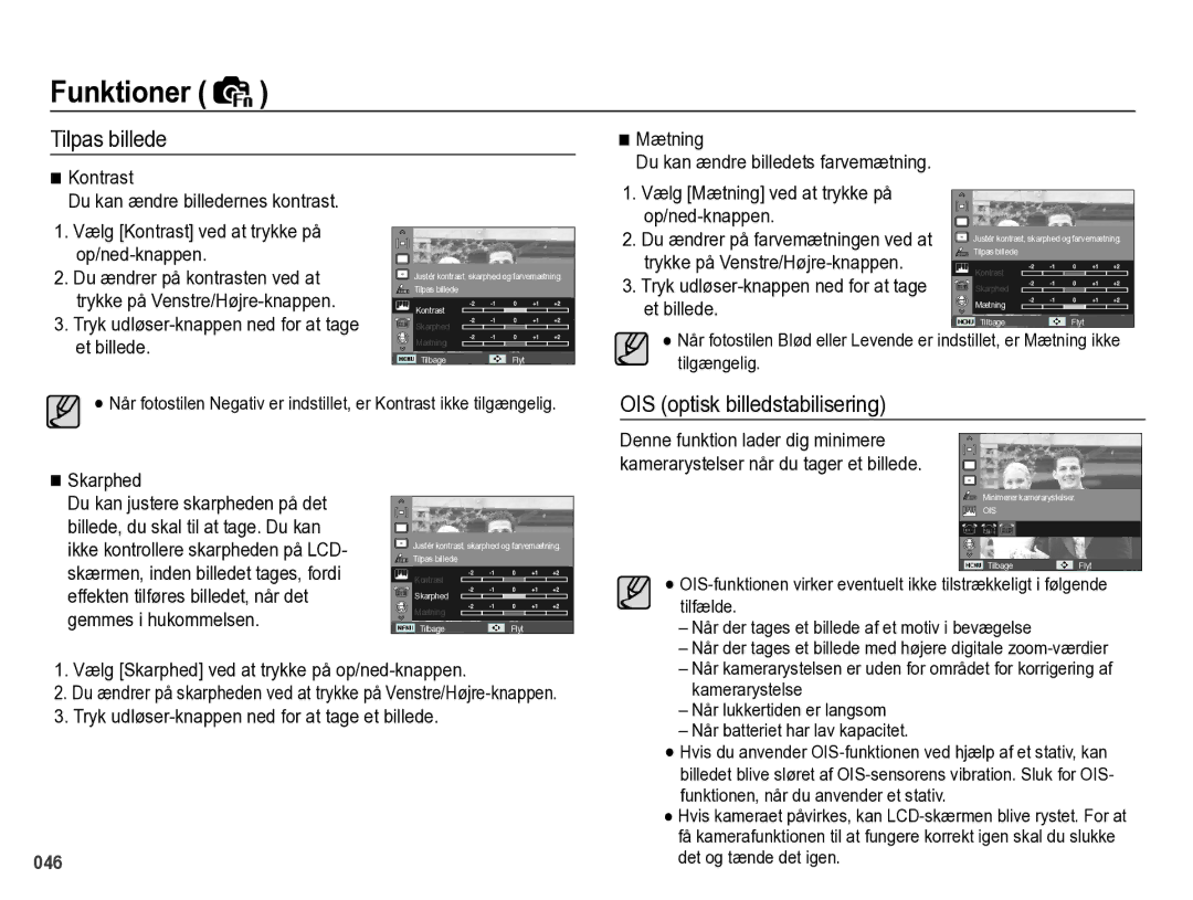 Samsung EC-PL60ZSBP/E2 manual Tilpas billede, OIS optisk billedstabilisering, Vælg Mætning ved at trykke på op/ned-knappen 