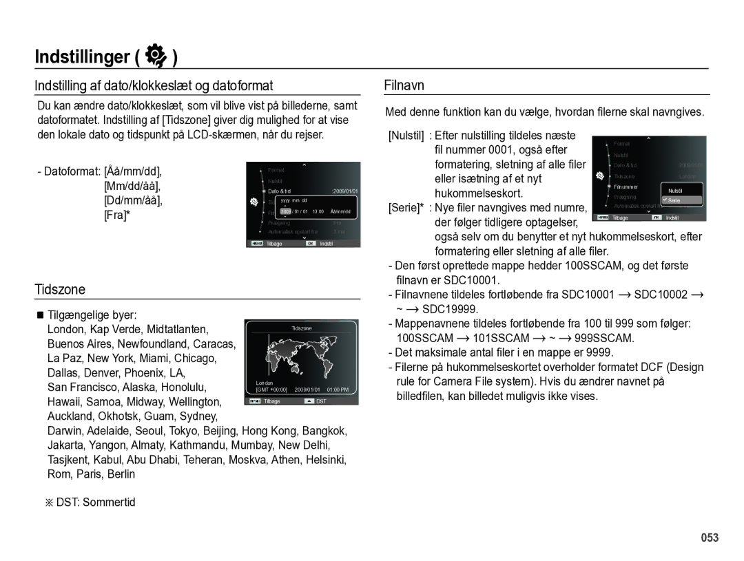 Samsung EC-PL60ZPBP/E2, EC-PL60ZABP/E2, EC-PL60ZBBP/E2 manual Indstilling af dato/klokkeslæt og datoformat, Tidszone, Filnavn 