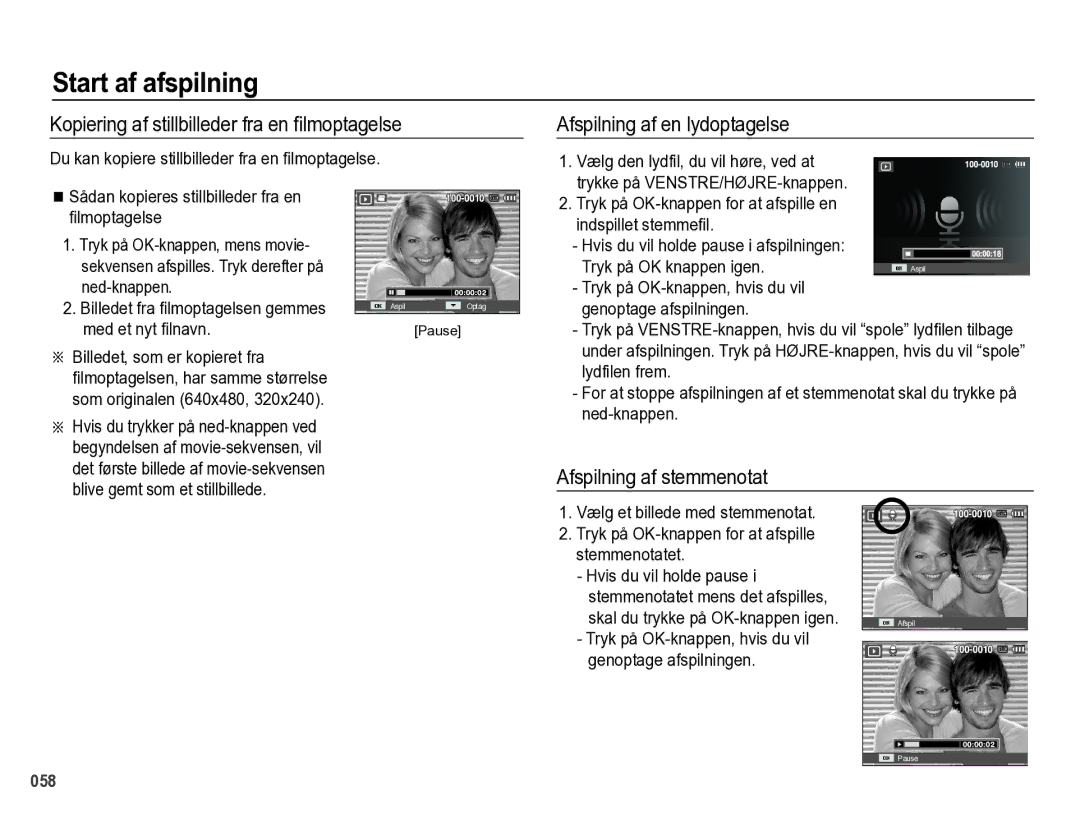 Samsung EC-PL60ZSBP/E2 Start af afspilning, Kopiering af stillbilleder fra en ﬁlmoptagelse, Afspilning af en lydoptagelse 