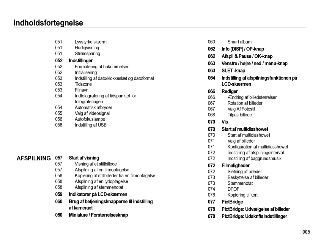 Samsung EC-PL60ZPBP/E2, EC-PL60ZABP/E2, EC-PL60ZBBP/E2 manual Lysstyrke skærm Hurtigvisning 051 Strømsparing, Smart album 