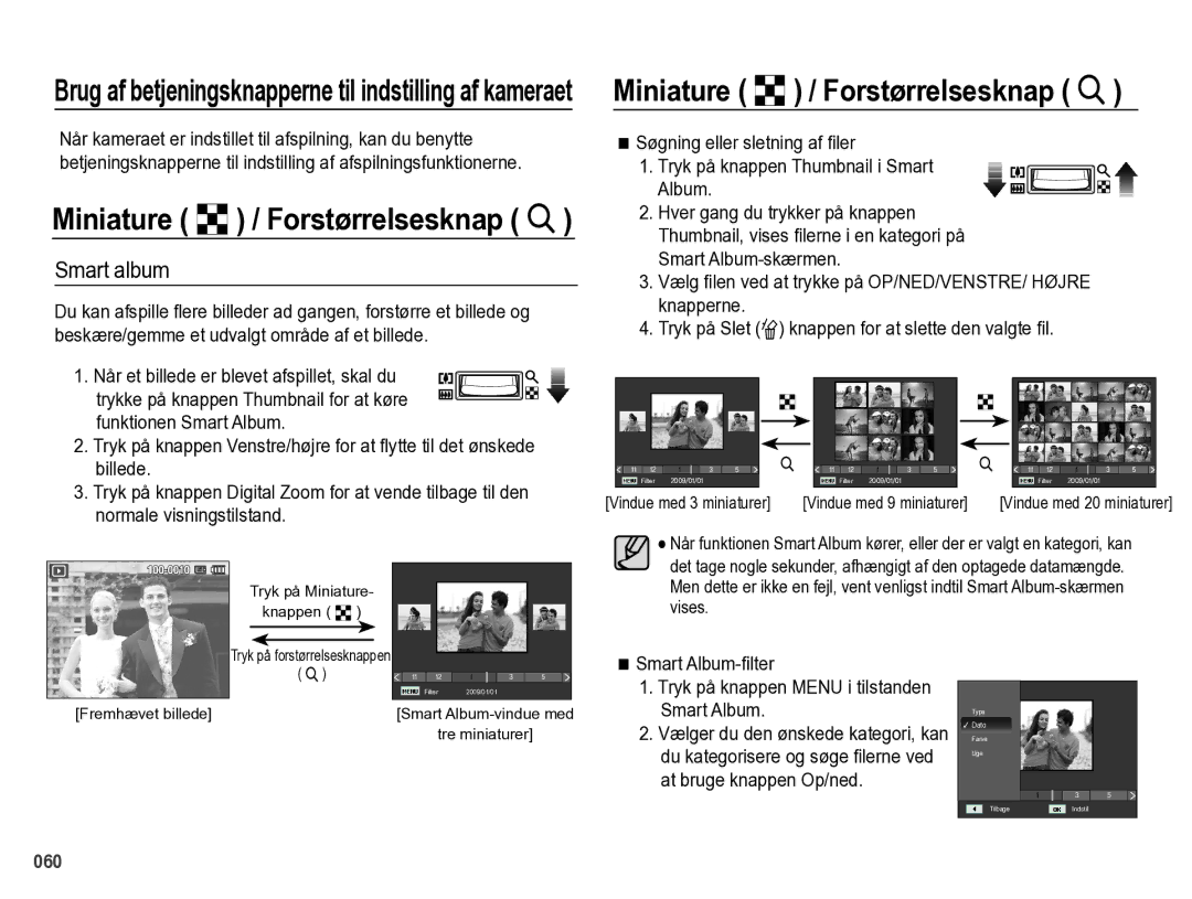 Samsung EC-PL60ZBBP/E2, EC-PL60ZABP/E2, EC-PL60ZPBP/E2, EC-PL60ZSBP/E2 manual Miniature º / Forstørrelsesknap í, Smart album 