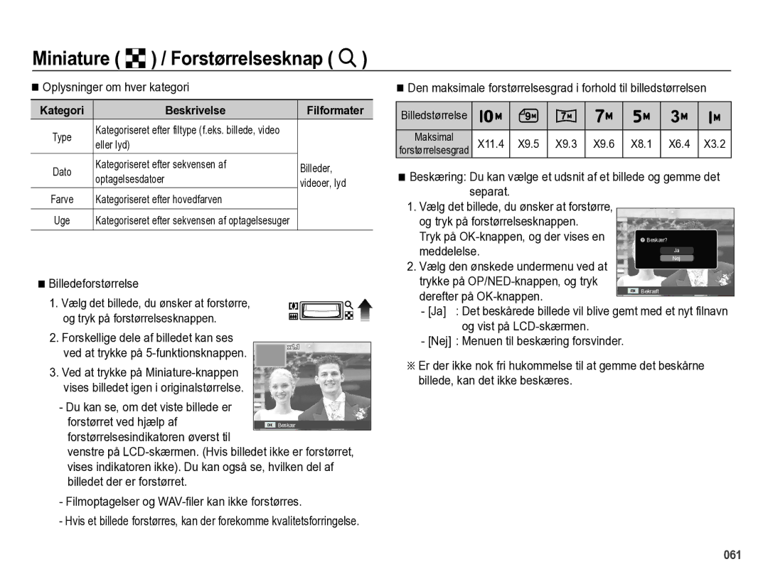 Samsung EC-PL60ZPBP/E2 Oplysninger om hver kategori, Billedeforstørrelse, Tryk på OK-knappen, og der vises en, Meddelelse 