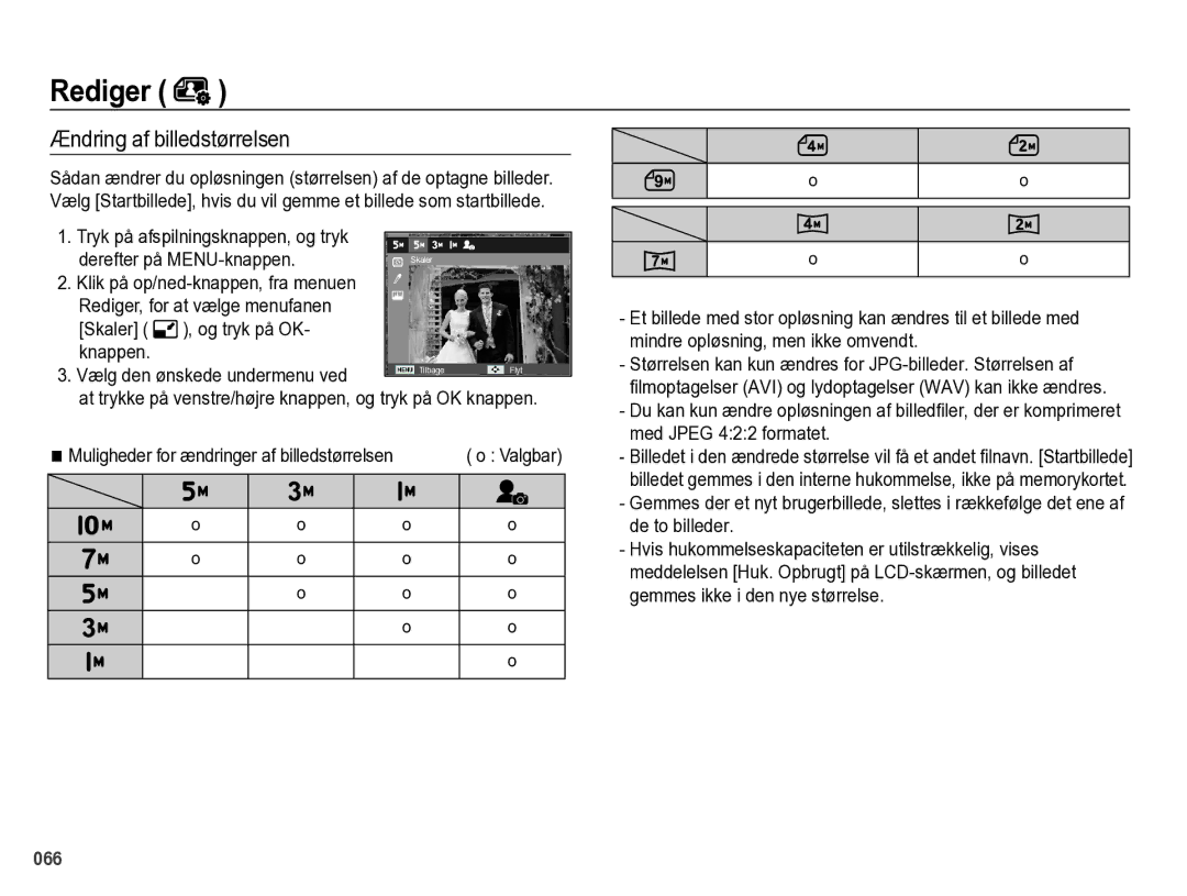 Samsung EC-PL60ZSBP/E2, EC-PL60ZABP/E2, EC-PL60ZBBP/E2, EC-PL60ZPBP/E2 manual Rediger, Ændring af billedstørrelsen 