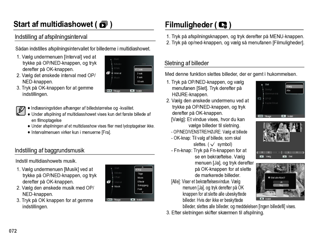 Samsung EC-PL60ZBBP/E2, EC-PL60ZABP/E2 manual Filmuligheder, Indstilling af afspilningsinterval, Sletning af billeder 