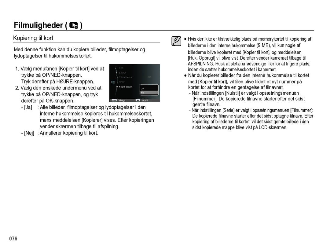 Samsung EC-PL60ZBBP/E2, EC-PL60ZABP/E2 manual Kopiering til kort, Trykke på OP/NED-knappen, Tryk derefter på HØJRE-knappen 