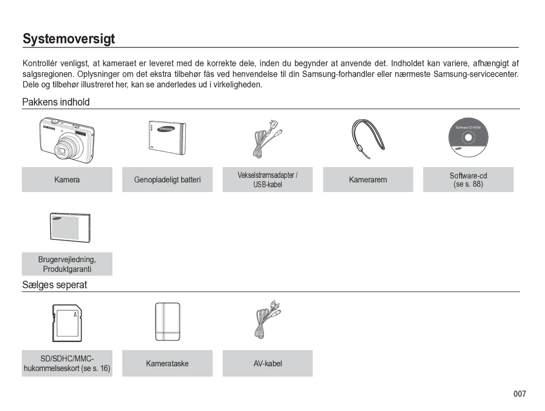 Samsung EC-PL60ZABP/E2, EC-PL60ZBBP/E2, EC-PL60ZPBP/E2, EC-PL60ZSBP/E2 manual Systemoversigt, Pakkens indhold, Sælges seperat 