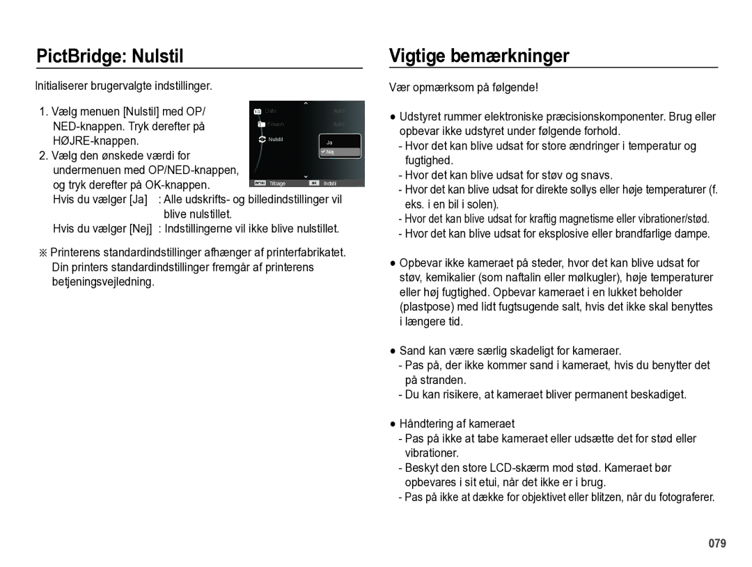 Samsung EC-PL60ZABP/E2, EC-PL60ZBBP/E2, EC-PL60ZPBP/E2, EC-PL60ZSBP/E2 manual PictBridge Nulstil, Vigtige bemærkninger 