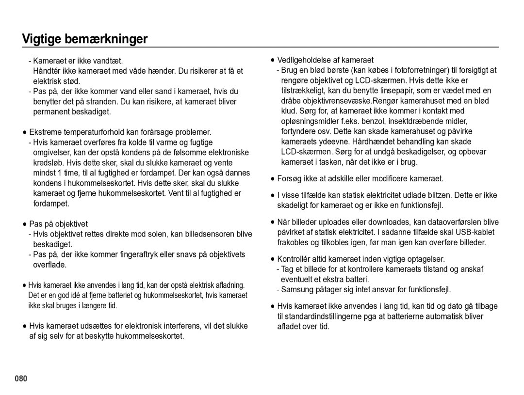 Samsung EC-PL60ZBBP/E2, EC-PL60ZABP/E2, EC-PL60ZPBP/E2 manual Forsøg ikke at adskille eller modificere kameraet, 080 