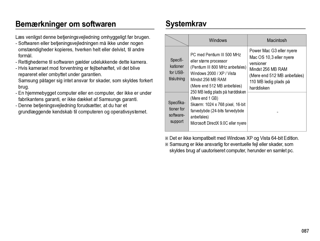 Samsung EC-PL60ZABP/E2, EC-PL60ZBBP/E2, EC-PL60ZPBP/E2, EC-PL60ZSBP/E2 manual Bemærkninger om softwaren, Systemkrav 