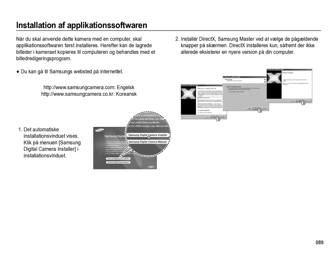 Samsung EC-PL60ZPBP/E2, EC-PL60ZABP/E2, EC-PL60ZBBP/E2, EC-PL60ZSBP/E2 manual Installation af applikationssoftwaren 