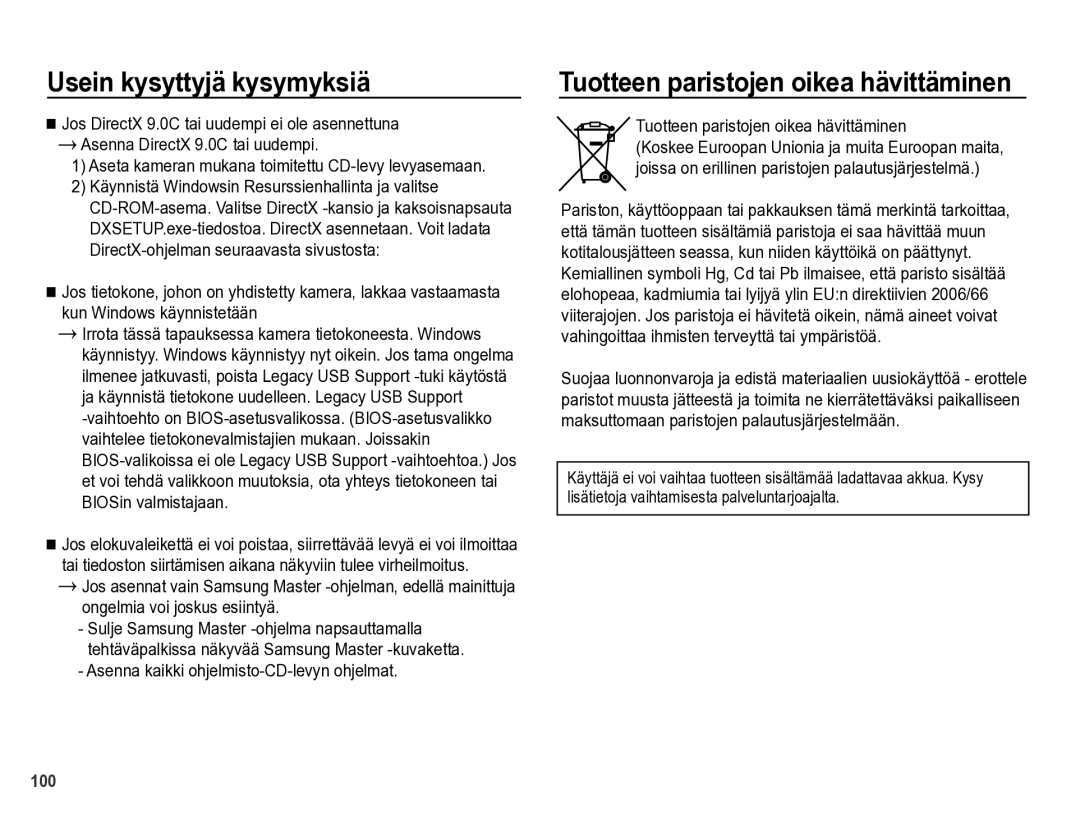 Samsung EC-PL60ZBBP/E2, EC-PL60ZABP/E2 Tuotteen paristojen oikea hävittäminen, Asenna kaikki ohjelmisto-CD-levyn ohjelmat 