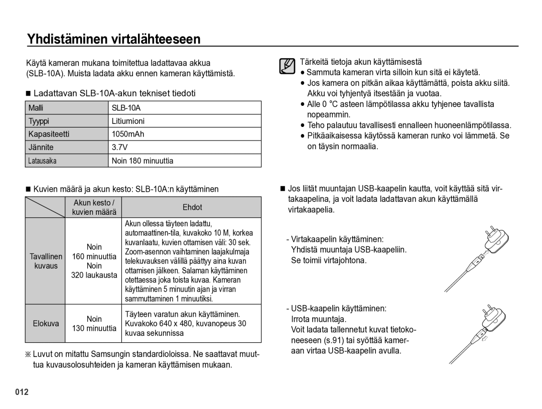 Samsung EC-PL60ZBBP/E2, EC-PL60ZABP/E2 manual Yhdistäminen virtalähteeseen, Ladattavan SLB-10A-akun tekniset tiedoti 