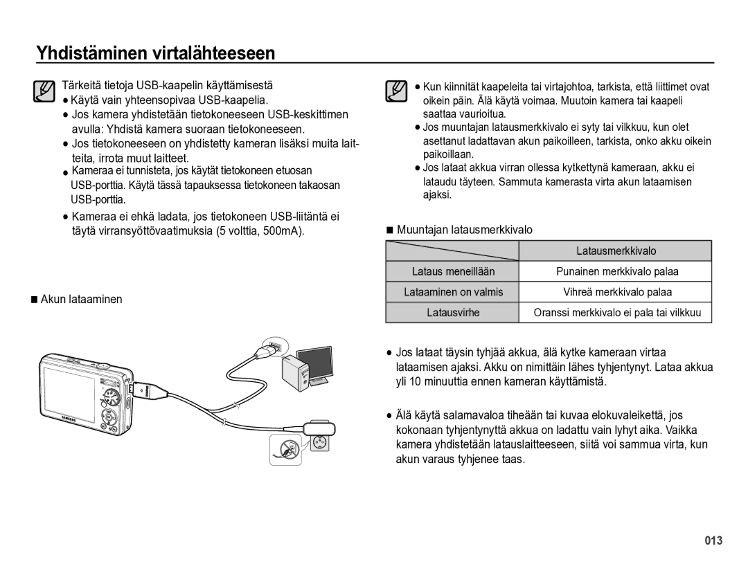 Samsung EC-PL60ZPBP/E2, EC-PL60ZABP/E2, EC-PL60ZBBP/E2 manual Akun lataaminen, Muuntajan latausmerkkivalo, Latausmerkkivalo 