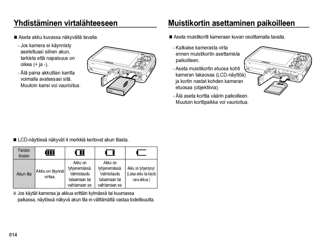 Samsung EC-PL60ZSBP/E2, EC-PL60ZABP/E2 manual Muistikortin asettaminen paikoilleen, Aseta akku kuvassa näkyvällä tavalla 