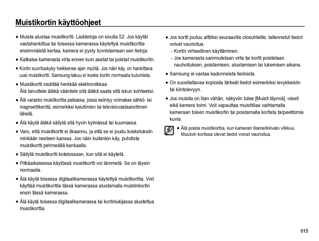 Samsung EC-PL60ZABP/E2, EC-PL60ZBBP/E2 manual Muistikortin käyttöohjeet, Muistikortti sisältää herkkää elektroniikkaa 