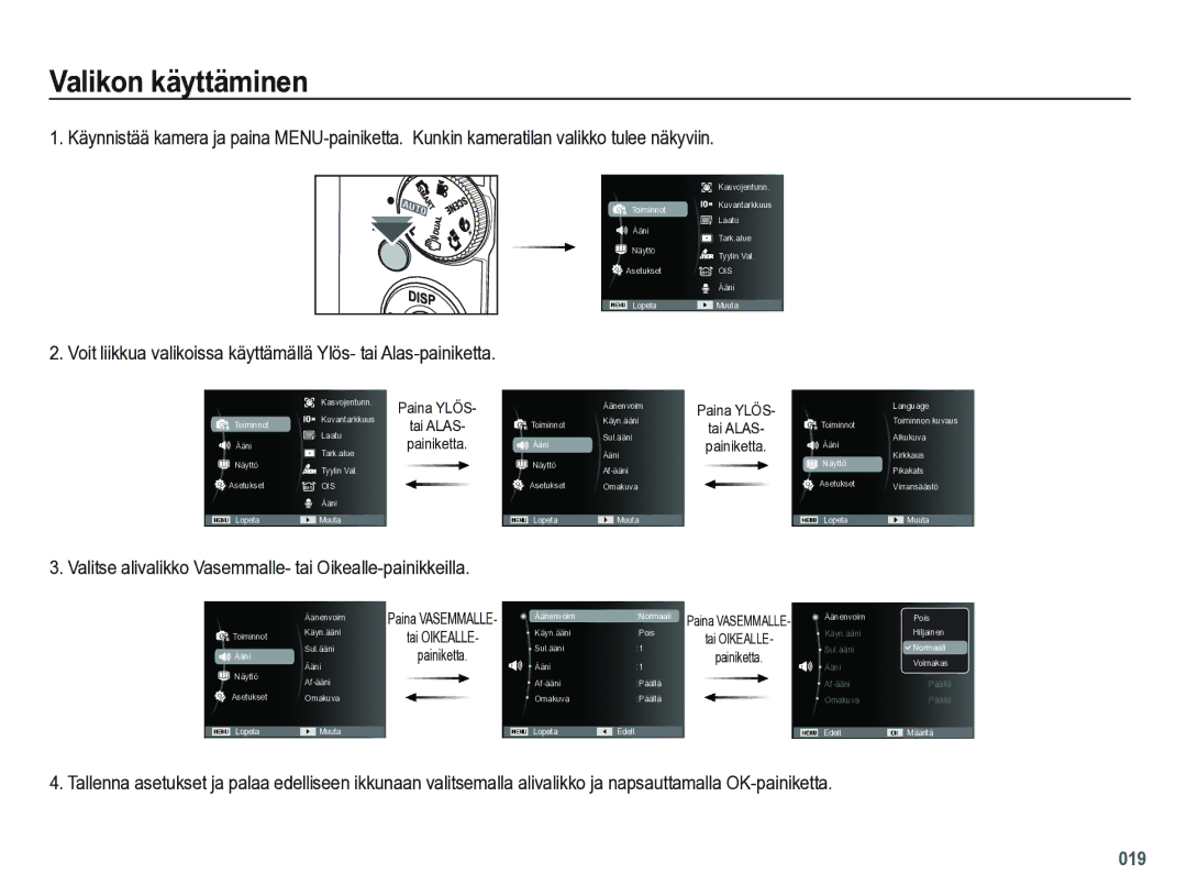 Samsung EC-PL60ZABP/E2, EC-PL60ZBBP/E2 manual Valikon käyttäminen, Valitse alivalikko Vasemmalle- tai Oikealle-painikkeilla 