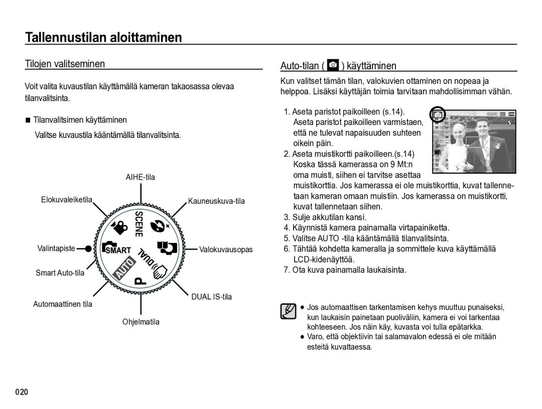 Samsung EC-PL60ZBBP/E2, EC-PL60ZABP/E2 manual Tallennustilan aloittaminen, Tilojen valitseminen, Auto-tilan käyttäminen 