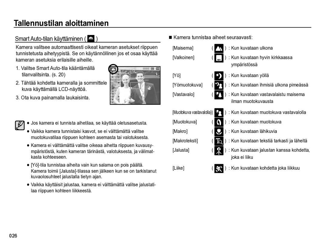 Samsung EC-PL60ZSBP/E2, EC-PL60ZABP/E2 manual Smart Auto-tilan käyttäminen, Tähtää kohdetta kameralla ja sommittele 