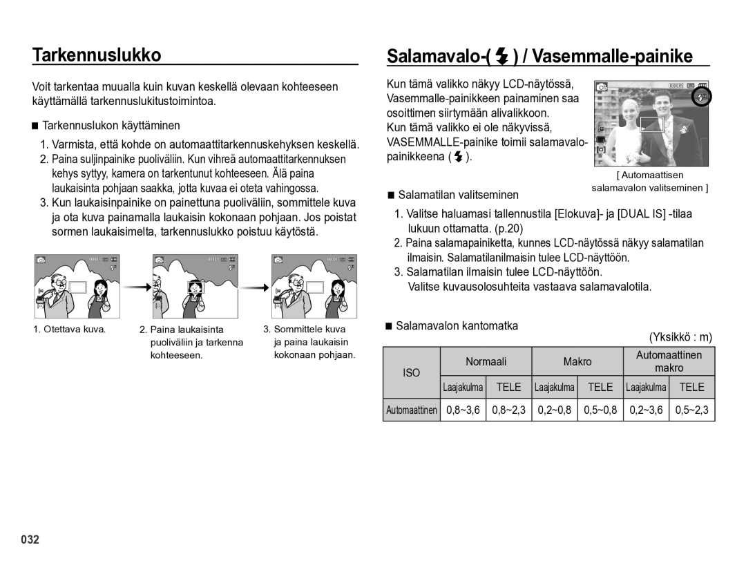 Samsung EC-PL60ZBBP/E2, EC-PL60ZABP/E2 manual Tarkennuslukko, Salamavalo- / Vasemmalle-painike, Salamatilan valitseminen 