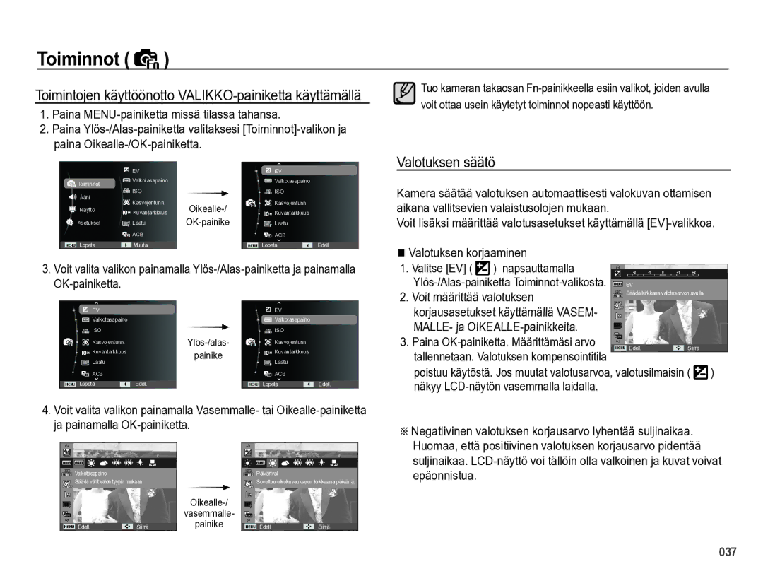 Samsung EC-PL60ZPBP/E2, EC-PL60ZABP/E2, EC-PL60ZBBP/E2 manual Valotuksen säätö, Paina MENU-painiketta missä tilassa tahansa 