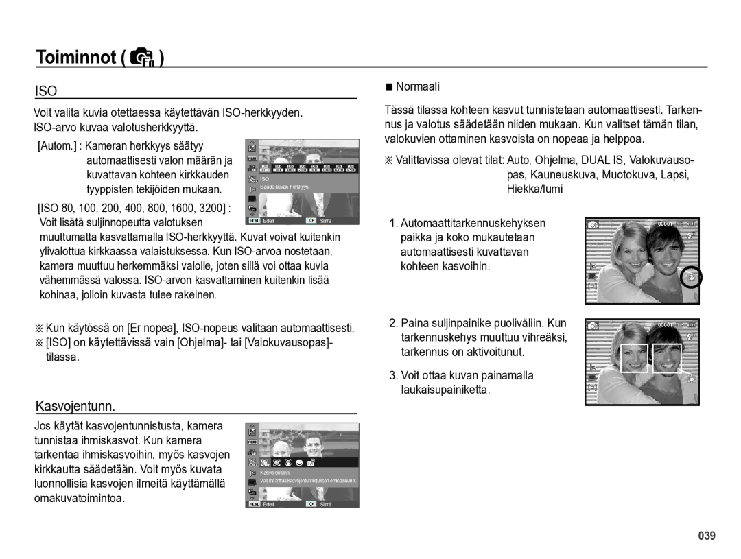 Samsung EC-PL60ZABP/E2, EC-PL60ZBBP/E2, EC-PL60ZPBP/E2, EC-PL60ZSBP/E2 manual Kasvojentunn 