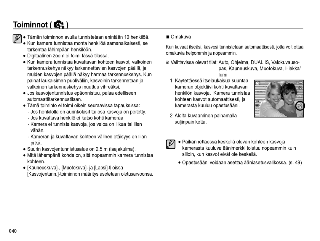 Samsung EC-PL60ZBBP/E2 Digitaalinen zoom ei toimi tässä tilassa, Lumi, Opastusääni voidaan asettaa ääniasetusvalikossa. s 