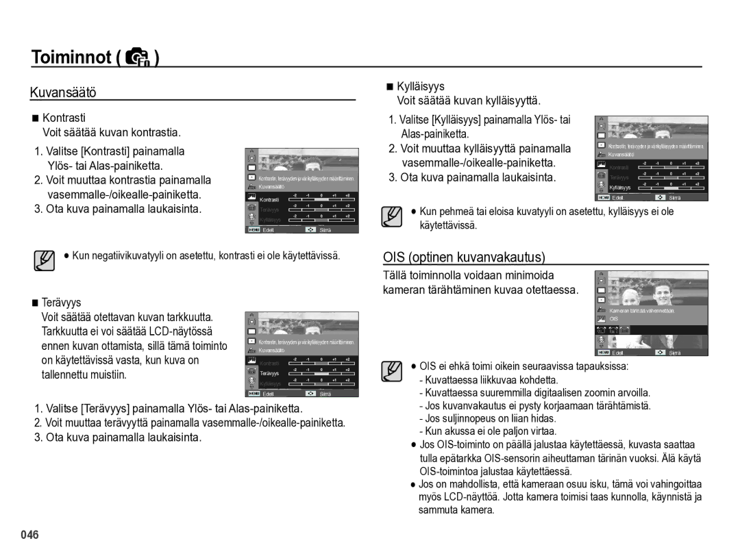 Samsung EC-PL60ZSBP/E2, EC-PL60ZABP/E2, EC-PL60ZBBP/E2, EC-PL60ZPBP/E2 manual Kuvansäätö, OIS optinen kuvanvakautus 