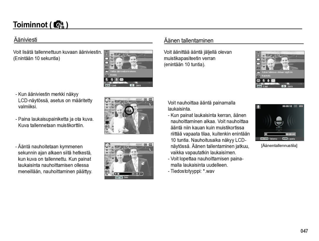 Samsung EC-PL60ZABP/E2, EC-PL60ZBBP/E2, EC-PL60ZPBP/E2, EC-PL60ZSBP/E2 manual Ääniviesti, Äänen tallentaminen 