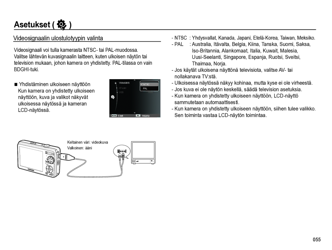 Samsung EC-PL60ZABP/E2 manual Videosignaalin ulostulotyypin valinta, Nollakanava TVstä, Sammutetaan automaattisesti 