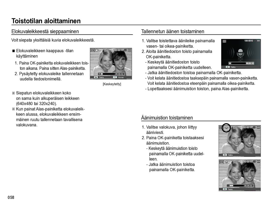 Samsung EC-PL60ZSBP/E2 manual Elokuvaleikkeestä sieppaaminen, Tallennetun äänen toistaminen, Äänimuistion toistaminen 