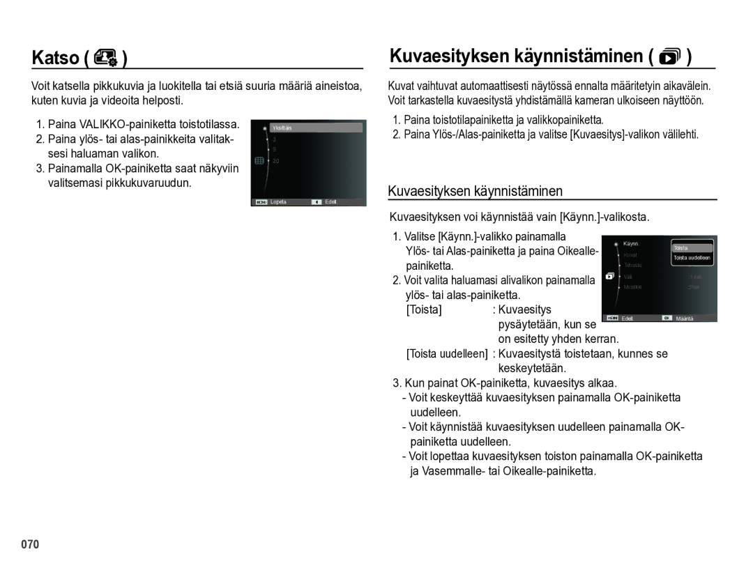 Samsung EC-PL60ZSBP/E2, EC-PL60ZABP/E2, EC-PL60ZBBP/E2, EC-PL60ZPBP/E2 manual Katso, Kuvaesityksen käynnistäminen  