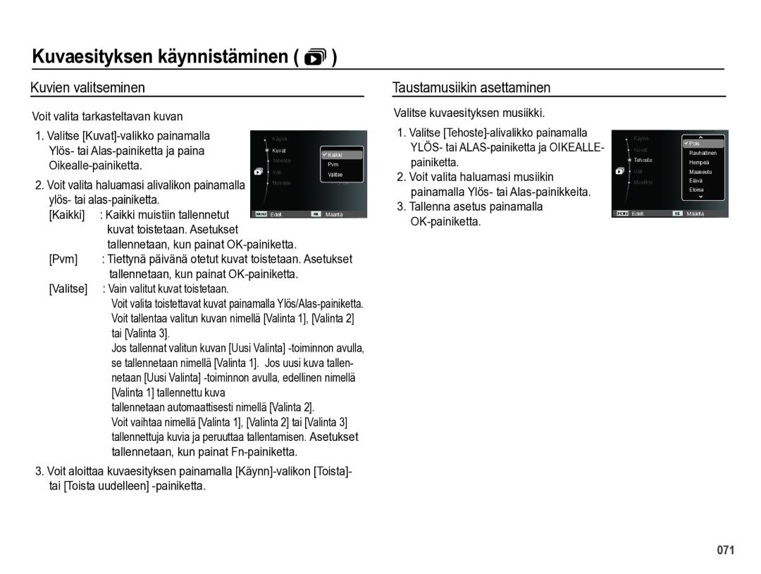 Samsung EC-PL60ZABP/E2, EC-PL60ZBBP/E2, EC-PL60ZPBP/E2, EC-PL60ZSBP/E2 manual Kuvien valitseminen Taustamusiikin asettaminen 