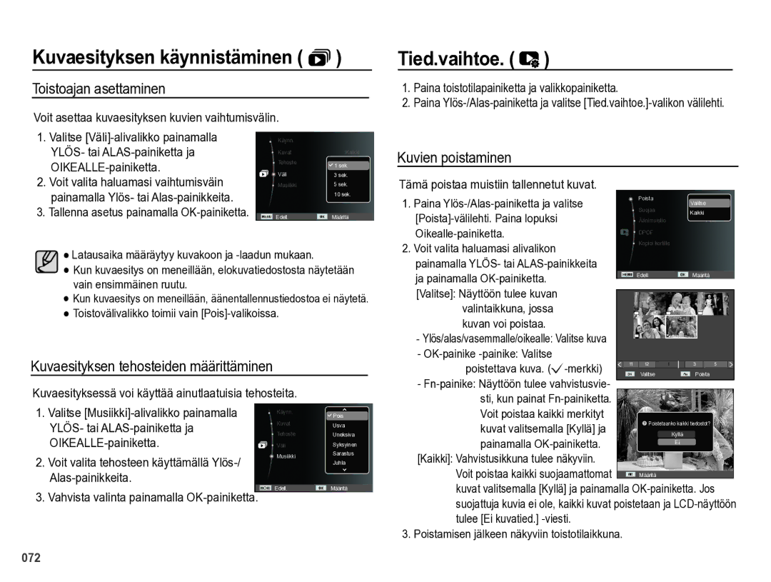 Samsung EC-PL60ZBBP/E2 Tied.vaihtoe, Toistoajan asettaminen, Kuvaesityksen tehosteiden määrittäminen, Kuvien poistaminen 