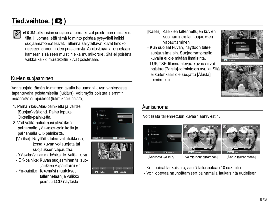 Samsung EC-PL60ZPBP/E2, EC-PL60ZABP/E2 manual Kuvien suojaaminen, Äänisanoma, Voit lisätä tallennettuun kuvaan ääniviestin 