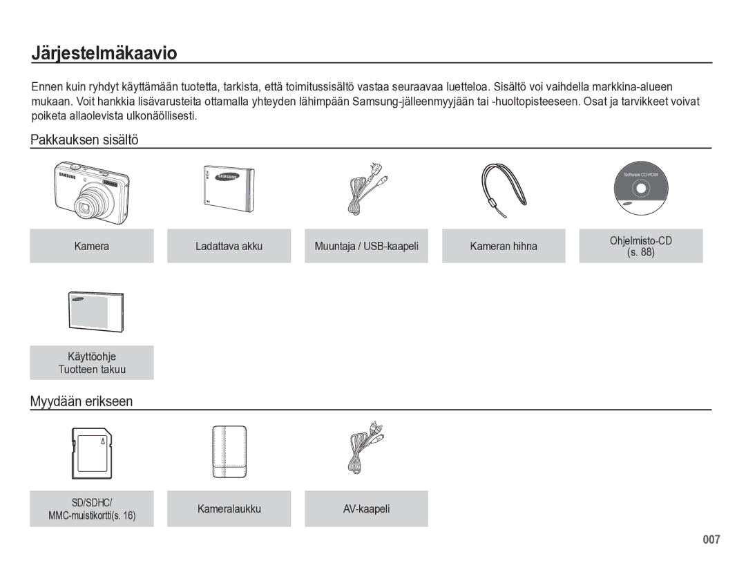 Samsung EC-PL60ZABP/E2, EC-PL60ZBBP/E2, EC-PL60ZPBP/E2 manual Järjestelmäkaavio, Pakkauksen sisältö, Myydään erikseen 