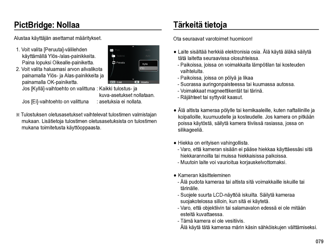 Samsung EC-PL60ZABP/E2 PictBridge Nollaa, Tärkeitä tietoja, Alustaa käyttäjän asettamat määritykset, Asetuksia ei nollata 