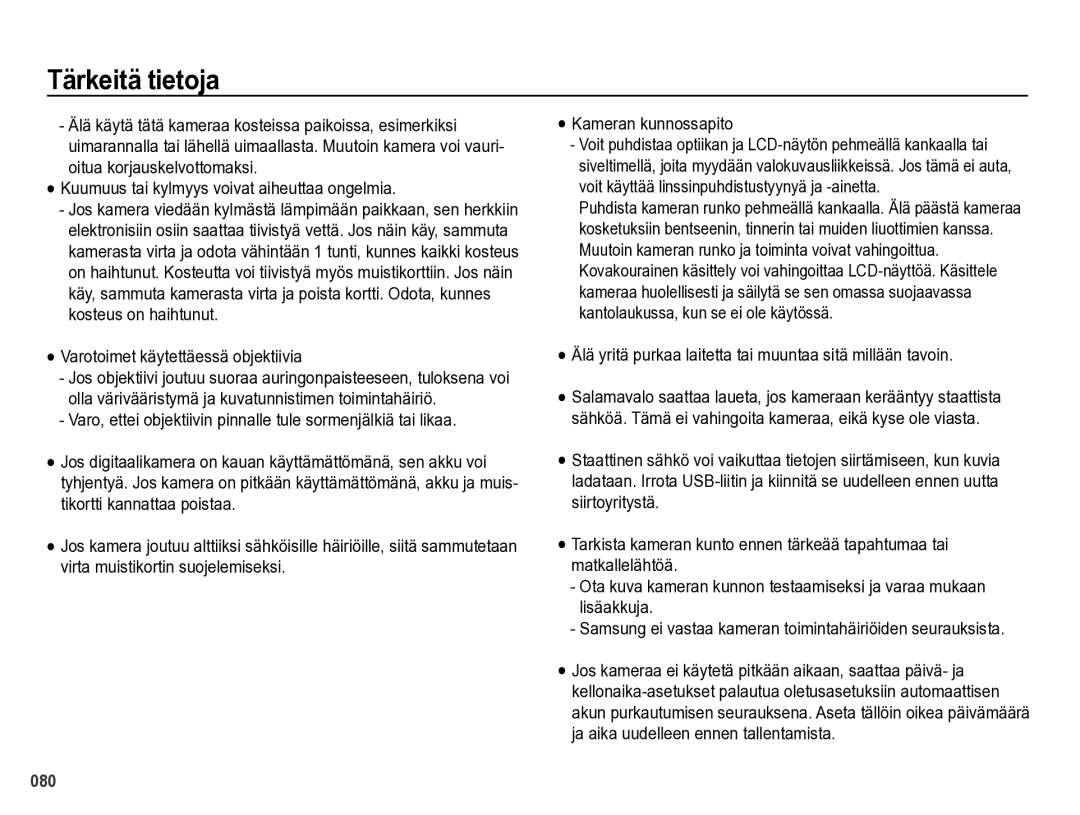 Samsung EC-PL60ZBBP/E2 Varotoimet käytettäessä objektiivia, Älä yritä purkaa laitetta tai muuntaa sitä millään tavoin 