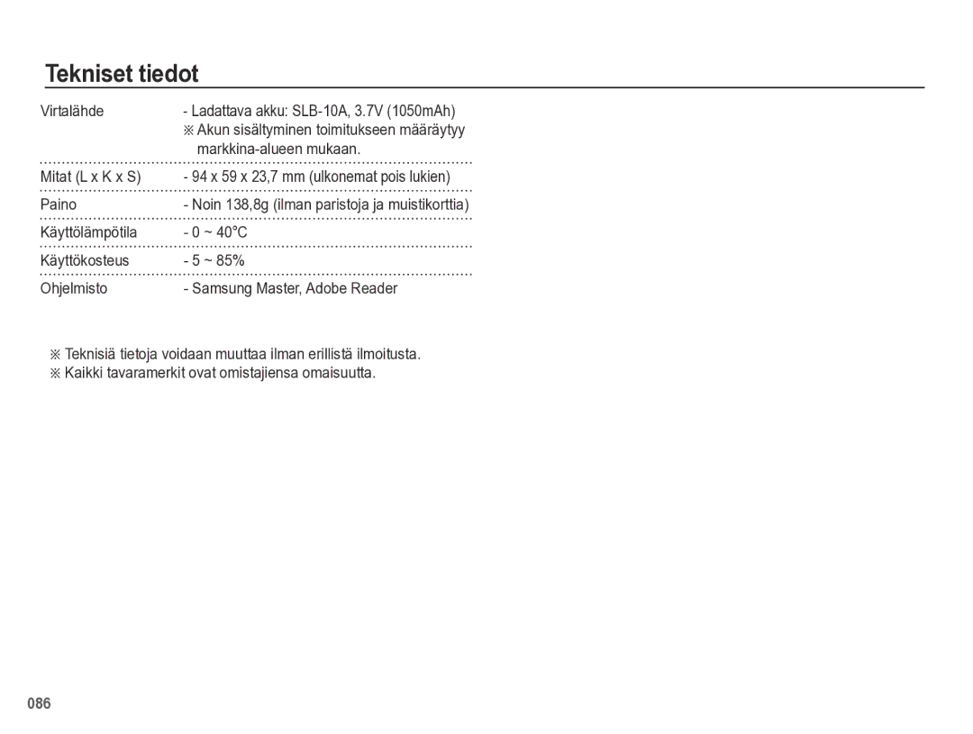 Samsung EC-PL60ZSBP/E2, EC-PL60ZABP/E2, EC-PL60ZBBP/E2 manual Virtalähde, Markkina-alueen mukaan, Mitat L x K x S, Paino 