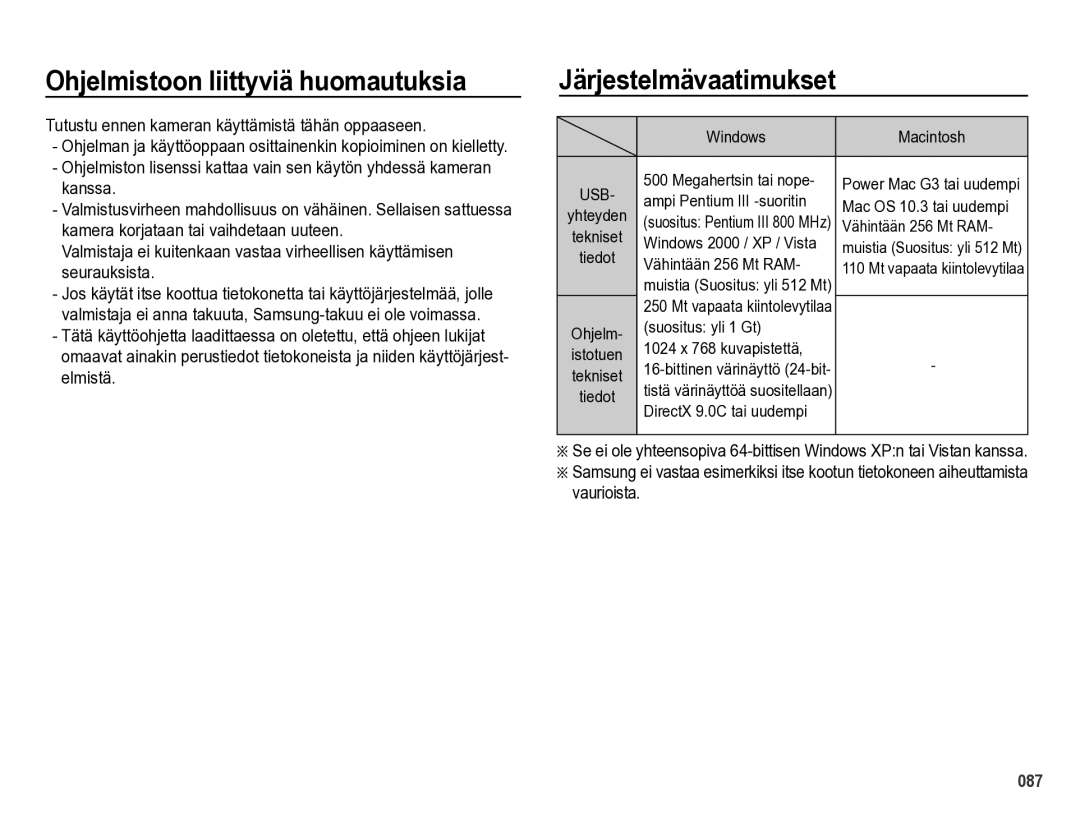 Samsung EC-PL60ZABP/E2, EC-PL60ZBBP/E2, EC-PL60ZPBP/E2 manual Ohjelmistoon liittyviä huomautuksia, Järjestelmävaatimukset 